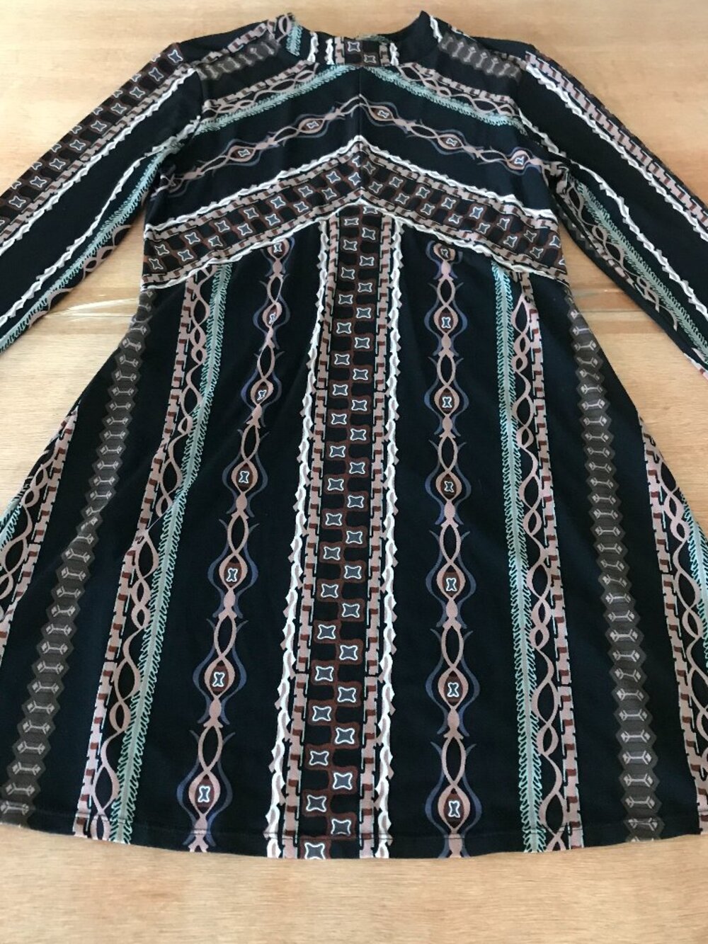 Free People Stella Fit & Flare Mini Dress Women M Black Geometric Mock Collar